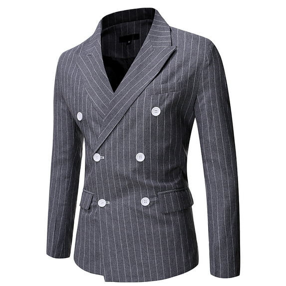 SMihono Men's Trendy Double-breasted Suit Jacket Blazer Lapel Collar Button Front Stretch Suit Coat Prom Wedding Long Sleeve Tuxedo Slim Fit Stripe Sports Business Pocket Work Office Gray 10