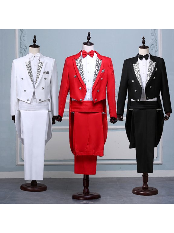 Men's Trendy Dress Tuxedo Suit Performance Clothes Magician Stage Performance Clothes Four-piece Suit Lapel Collar Button Suit Coat Prom Wedding Long Sleeve Tuxedo Work Office Red 8