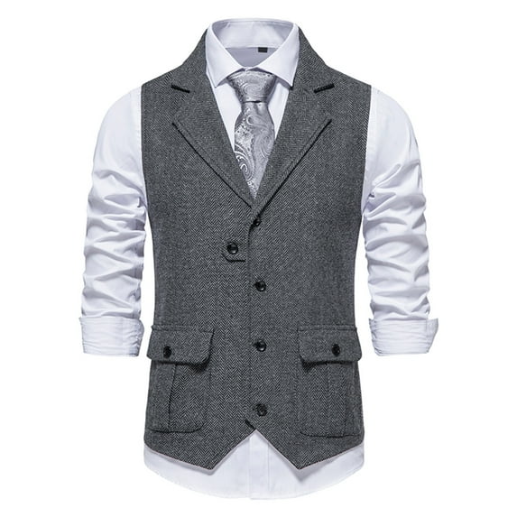 SMihono Men's Trendy Herringbone Tweed Suit Vest Vintage Sleeveless Tuxedo Slim Fit Solid Sports Business Pocket Work Office Lapel Collar Button Front Stretch Suit Coat Prom Wedding Gray 4