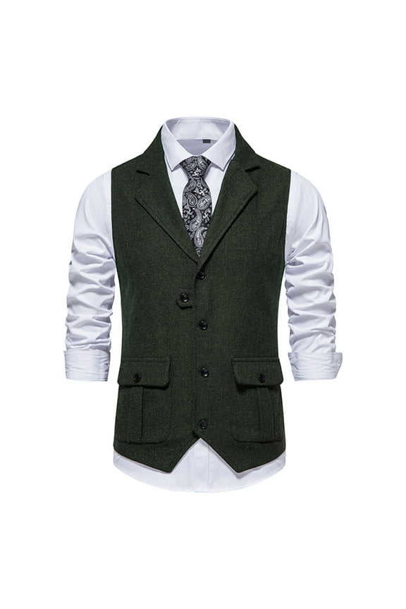 Men's Trendy Herringbone Tweed Suit Vest Vintage Sleeveless Tuxedo Slim Fit Solid Sports Business Pocket Work Office Lapel Collar Button Front Stretch Suit Coat Prom Wedding Green 8