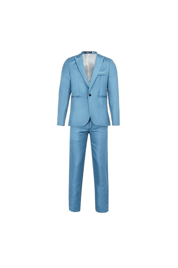 Men's Trendy Suit Jacket + Suit Pants Two-piece Set Prom Wedding Long Sleeve Tuxedo Slim Fit Solid Sports Business Pocket Work Office Lapel Collar Button Front Stretch Suit Coat Sky Blue 6