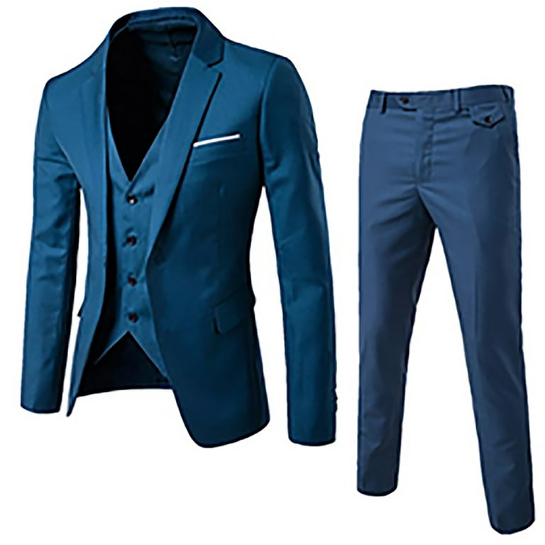 Wehilion Mens Suits Set Slim Fit Men 3 Piece Dress Suit Prom Blazer Wedding  Formal Jacket & Vest & Pants Navy Blue M