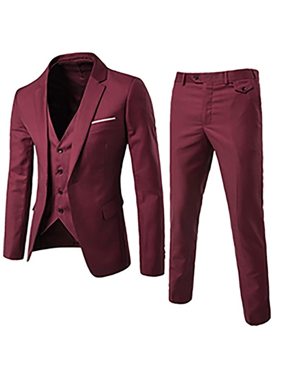 Men's Trendy Three-piece Suit Jacket + Vest + Suit Pants Button Front Stretch Suit Coat Prom Wedding Long Sleeve Tuxedo Slim Fit Solid Business Pocket Work Office Lapel Collar Wine 10