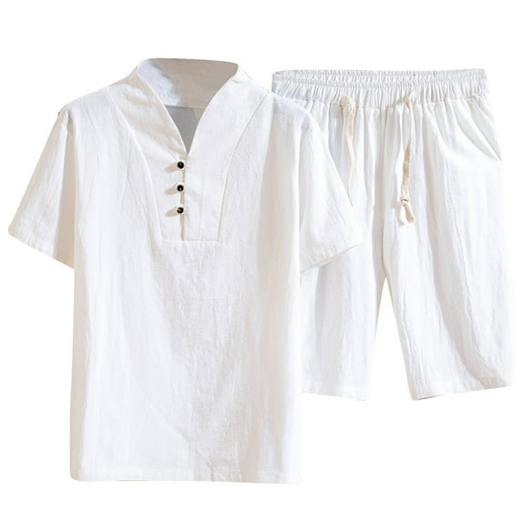 SMihono Men's Two Piece Short Sleeve Drawstring Elastic Waist Shorts Two Piece Set Short Sleeve V-Neck Top and Shirt Set White 6