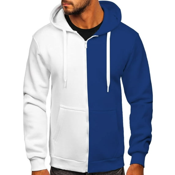 SMihono Mens Drawstring Hoodie Oversized Zip Up Sweatshirt Long Sleeve Classic Contrast Color Block Pullover Funnel Neck Tees Kangaroo Pocket Dressy Casual Fall Winter Fall Tops Tops Blue 12