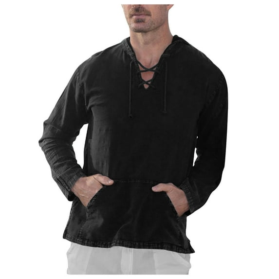 SMihono Mens Thick Tunic Hoodie Sweatshirt Raglan Long Sleeve Stylish Vintage Solid Pullover Bandage Criss Cross V Neck Tees Formal Comfy Loose Fit Casual Flowy Kangaroo Pockets Tops Black 12