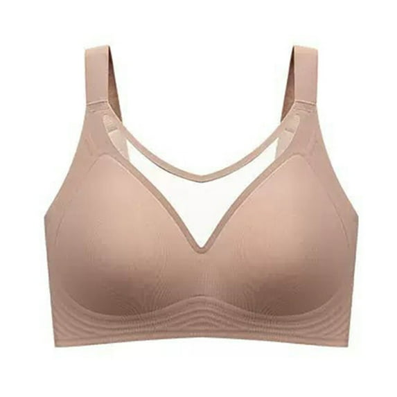 SMihono Mesh Bras for Women with Wide Adjustable Straps No Underwire Seamless Hollowed V Neck Soft Everyday Bralettes Khaki L