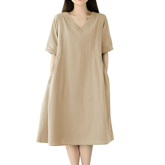 SMihono Midi Dresses for Women Casual V Neck Half Sleeve A Line Dress Flowy Swing Pleated Mid-Calf Length Dress with Pockets Khaki L
