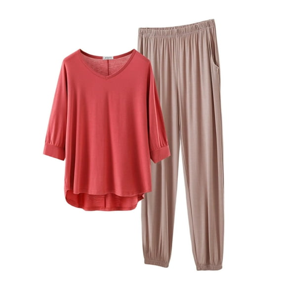SMihono Modal Lounge Sets for Women 3/4 Length Sleeve V Neck Summer Tops Elastic Waist Wide Leg Pants Summer Outfits Red M