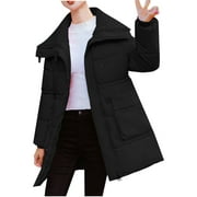 SMihono New Year's Deals Fleece Sherpa Lined Long Sleeve Hoodless Casual Outwear Coats for Women 2024 Women's Loose Fitting Warm Navy Collar Cotton Jacket Fashion Jacket Black 12