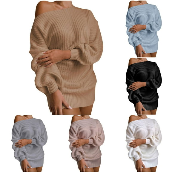 SMihono Off The Shoulder Sweater Dress Spring Dress Winter Dress for Women Cable Crochet Knitted Jumper Sweater Black 4