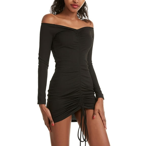 SMihono Off-the-Shoulder Long Sleeve Dress Ruched Drawstring Bodycon Mini Dress Soft Stretchy Fabric Stylish Evening Dress for Date Night Cocktail Party Versatile Fashion Black XXXL