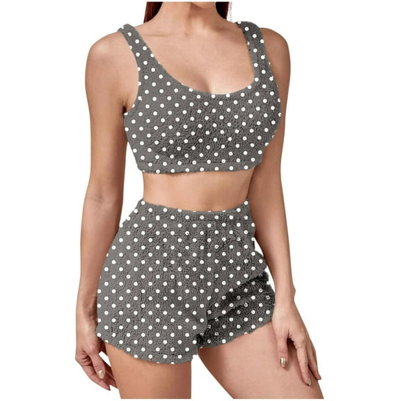 SMihono Pajama Set for Women Plush Bra and Panty Sets 2 Piece Underwired Matching Underwear Casual Polka Dot Print Winter Outfits Gray XL