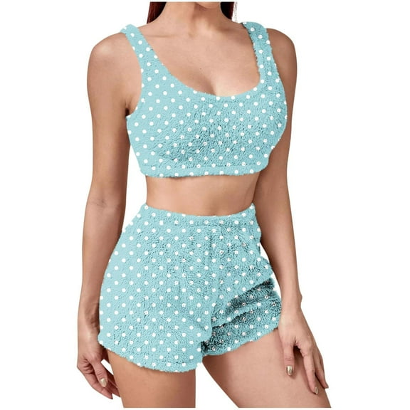 SMihono Pajama Set for Women Plush Bra and Panty Sets 2 Piece Underwired Matching Underwear Casual Polka Dot Print Winter Outfits Light Blue L
