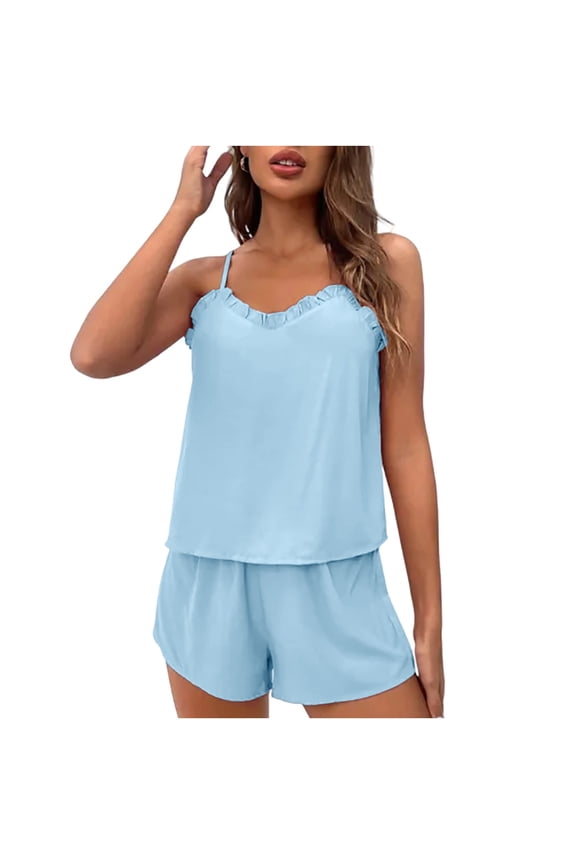 Pajama Sets for Women Solid Strap Tank Tops Shorts Sleepwear Suits Casual Ruffles Camisole Fashion Comfort Pajamas Blue S
