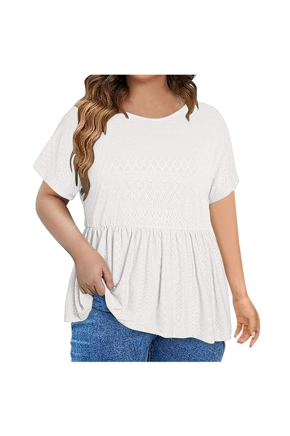 Plus Size Babydoll Shirts for Women 2024 Round Neck Ruffled Tops Dressy Solid Eyelet Basic Tees Raglan Short Sleeve Shirts Summer Fashion Holiday Relaxed Comfy Loose Casual Blouse White 16