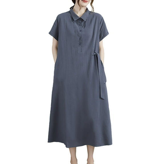 SMihono Plus Size Dresses for Curvy Women Loose Lapel Neck Short Sleeve Button Up Dress Tie Front Cotton Linen A Line Dress Gray XXL