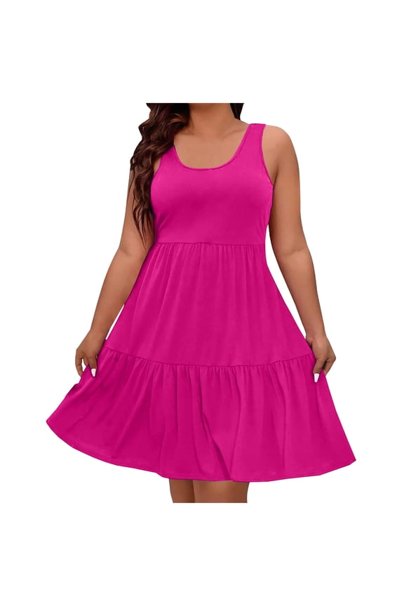 Plus Size Sundresses for Curvy Women Sleeveless Scoop Neck Ruffle Tiered A Line Dresses Summer Casual Loose Tank Dress Hot Pink XL