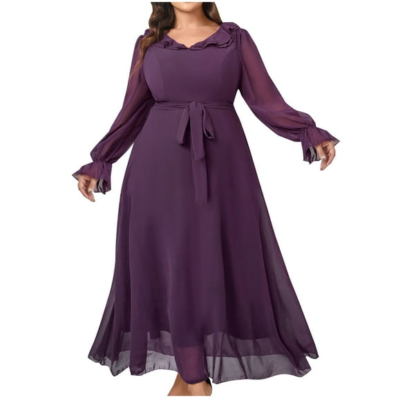 SMihono Plus Size Wedding Guest Dresses Womens Ruffle Sleeve High Waisted Mesh Formal Dress Loose V Neck Belt Maxi Long Dress Purple XXL