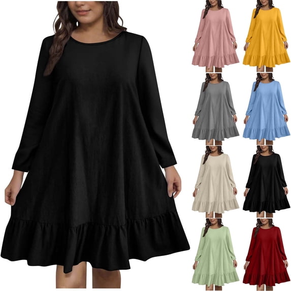 SMihono Plus Size Women A-Line Ruffle Hem Knee Length Dress 2025 Fall Long Sleeve Crewneck Pullover Cute Babydoll Dresses Blue XL