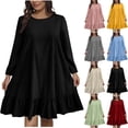 thumbnail image 1 of SMihono Plus Size Women A-Line Ruffle Hem Knee Length Dress 2025 Fall Long Sleeve Crewneck Pullover Cute Babydoll Dresses Wine XL, 1 of 7
