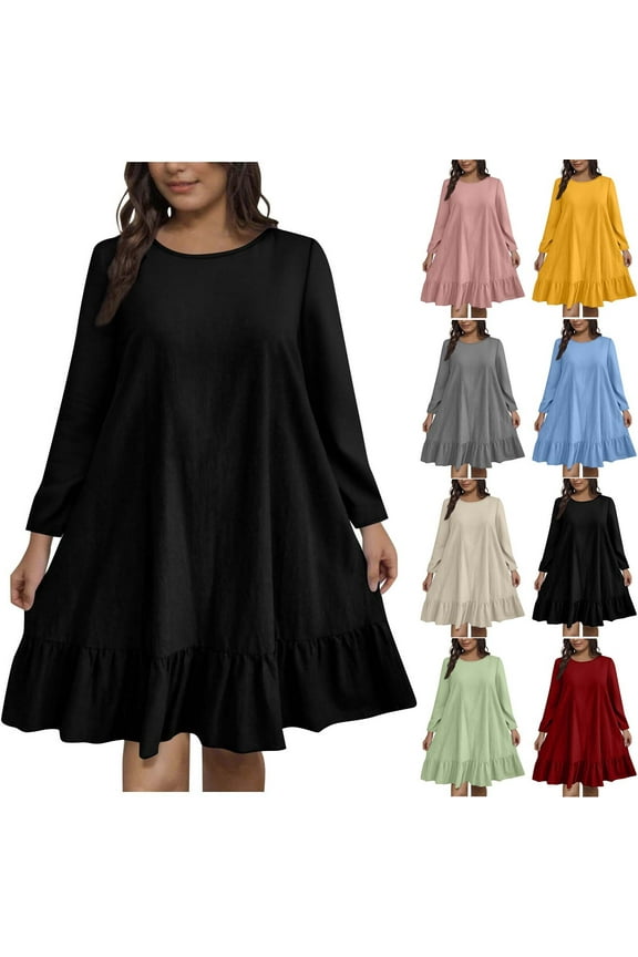 Plus Size Women A-Line Ruffle Hem Knee Length Dress 2025 Fall Long Sleeve Crewneck Pullover Cute Babydoll Dresses Wine XXXXL