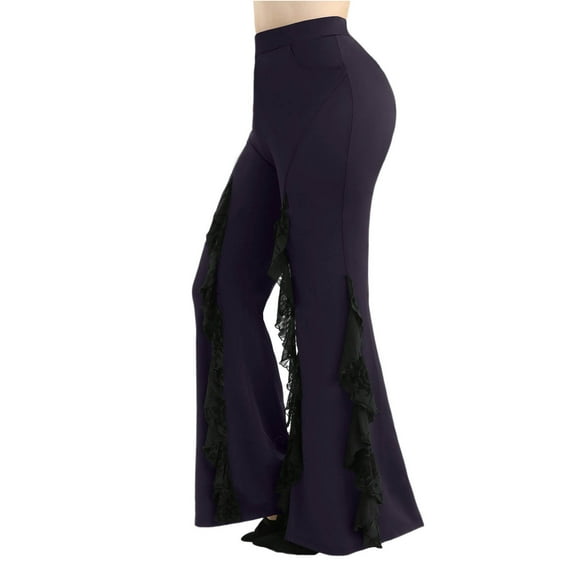 SMihono Plus Size Women Gothic High Waisted Flare Pants Flocking Spider Web Mesh Bell Bottom Pants with Pockets Purple XXL