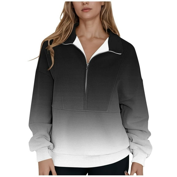 SMihono Plus Size Womens Gradient Half Zip Pullover Collared V Neck Pockets Long Sleeve Sweatshirts without Pocket Black S