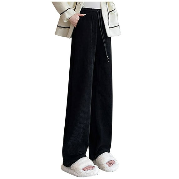SMihono Plush And Thickened Women's Solid Color Wide Leg Pants, Loose Casual Sanitary Pants, Straight Tube Large Size Long Pants Slim Fit Full Length Sweatpants for Ladies Love Black 6