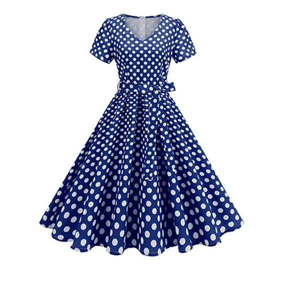 SMihono Polka Dot Print Babydoll Summer 2025 Boho Dresses Deep V-Neck Ruffle Maxi Sundress,Short Sleeve Flowy Beach Party Dress Blue XL