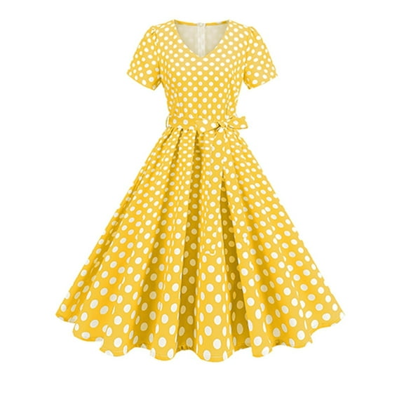 SMihono Polka Dot Print Babydoll Summer 2025 Boho Dresses Deep V-Neck Ruffle Maxi Sundress,Short Sleeve Flowy Beach Party Dress Yellow L