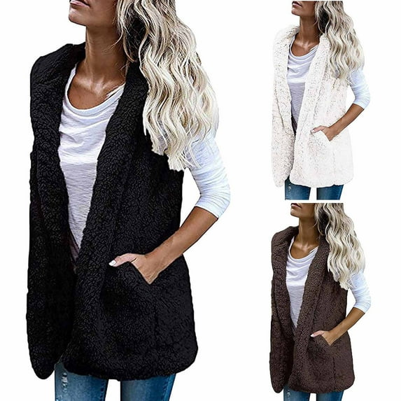 SMihono Stylish Plush Sleeveless Lapel Cardigan Vest Loose Coat Womens Plus Loose Solid Color Pocket Tops for Women Female Outerwear White XL