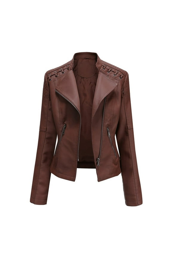 Stylish Lapel Motor Leather Jacket Coat Studded Zipper Biker Short Punk Cropped Tops Womens Plus Ladies Female Outerwear Coffee XXXL