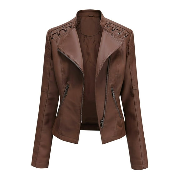 SMihono Reduced Slim Leather Stand Collar Zipper Straps Motorcycle Suit Coat Clearance Womens Plus Long Sleeve Jacket Tops Female Outerwear Coffee S