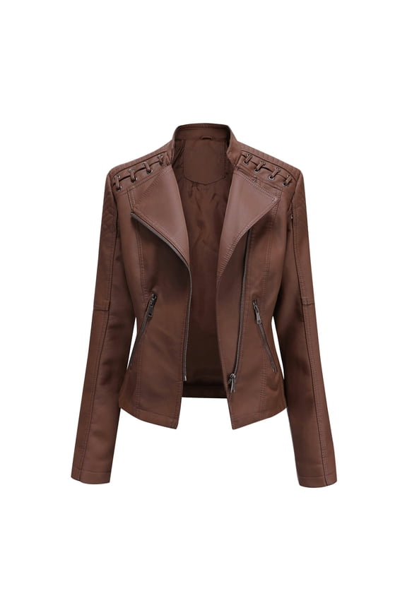 Stylish Slim Leather Stand Collar Zipper Straps Motorcycle Suit Coat Womens Plus Long Sleeve Jacket Tops Female Outerwear Coffee XXL