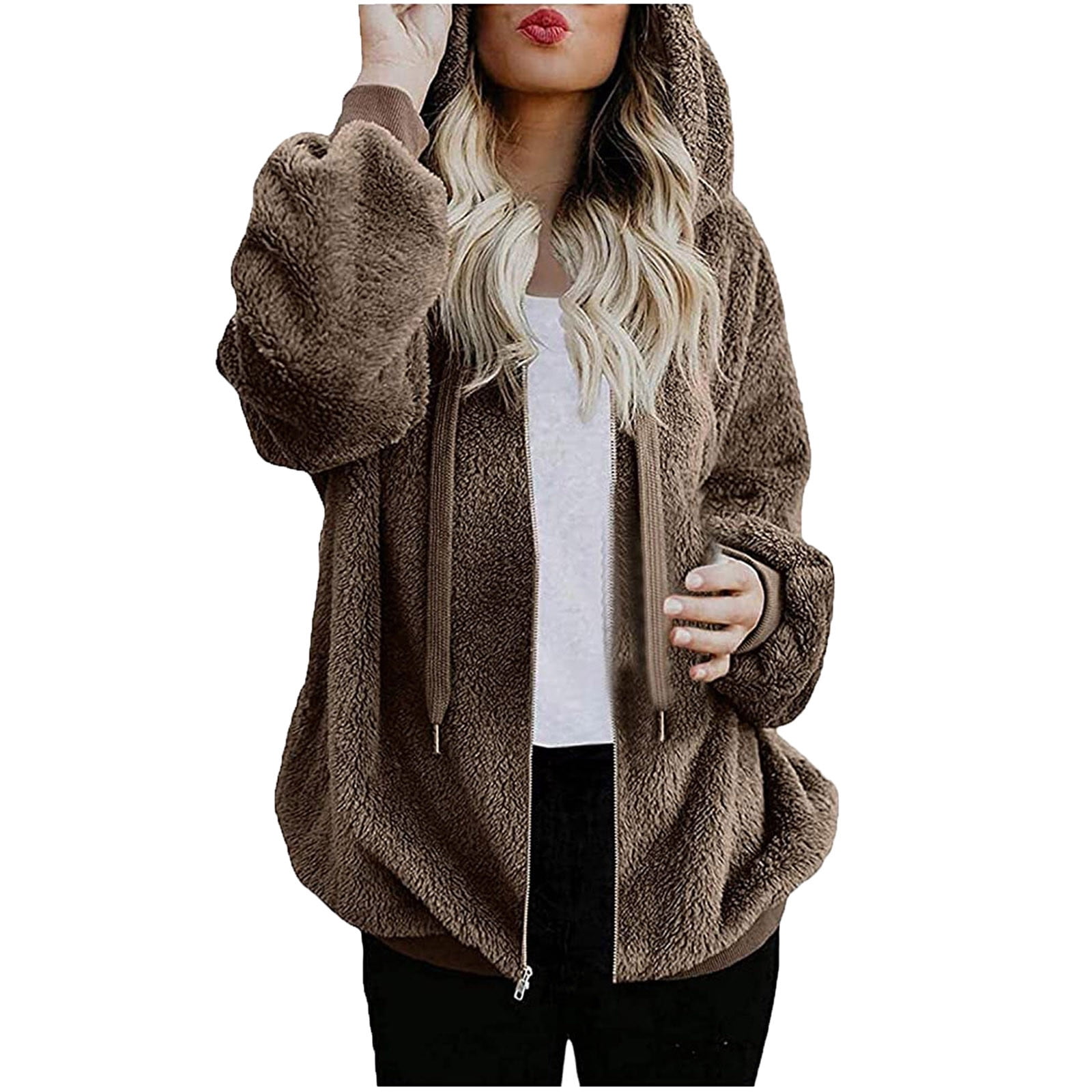 SMihono Reduced Solid Zip Up Hoodie Drawstring Coat Blouse Clearance  Fashion Womens Plus Warm Long Sleeve Casual Female Outerwear Brown M 
