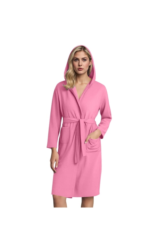 Robes for Women Waffle Knit Hooded Bathrobes Soft Knee Length Sleepwear Solid Fall Winter Loungewear with Pockets Pink M