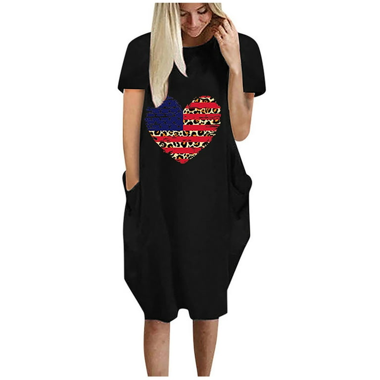 SMihono Rollbacks Womens Plus Midi Dresses USA Flags Heart Print Crew Neck Independence Day Graphic Fashion Ladies Large Size Loose Casual Double