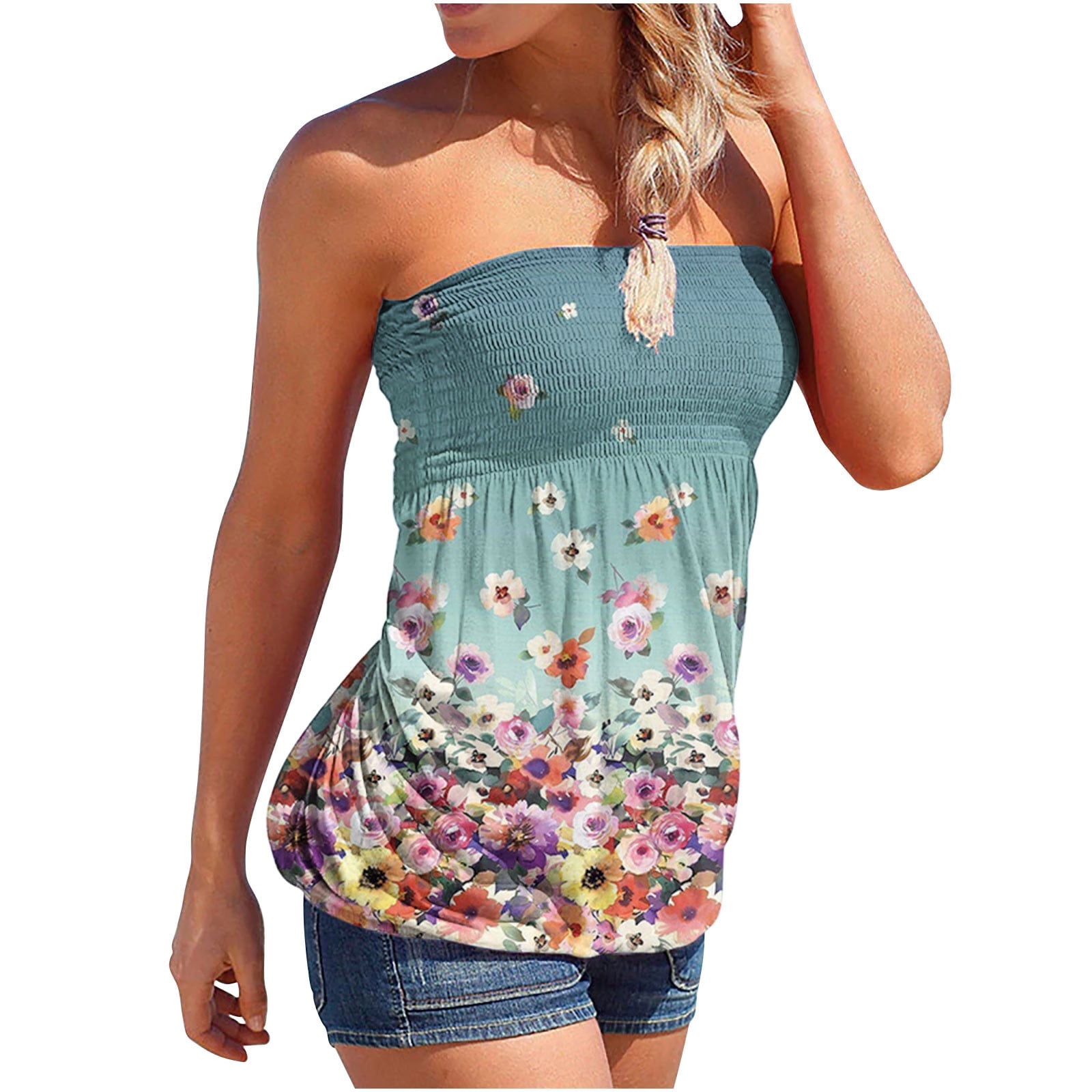 SMihono Sales Summer Tube Tops for Women Fashion Ladies Strapless Tank Tops  Sleeveless Off the Shoulder Slim Fit Tunic Sexy Holiday Blouse Floral Print  Female Leisure Green 12 