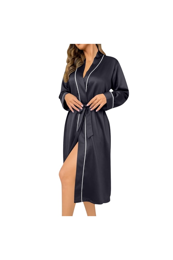 Satin Robes for Women Elegant Belted Silk Bathrobe for Wedding, Bridal Party, Silk Sleepwear, and Loungewear Black S