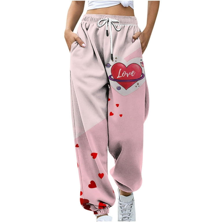 SMihono Save Big Trousers Long Straight Pants Trendy Comfy Double  Pocket Ladies Fashion Love Heart Print Elastic Waist Sweatpants for Women  Loose Casual Female Leisure Pink 4 