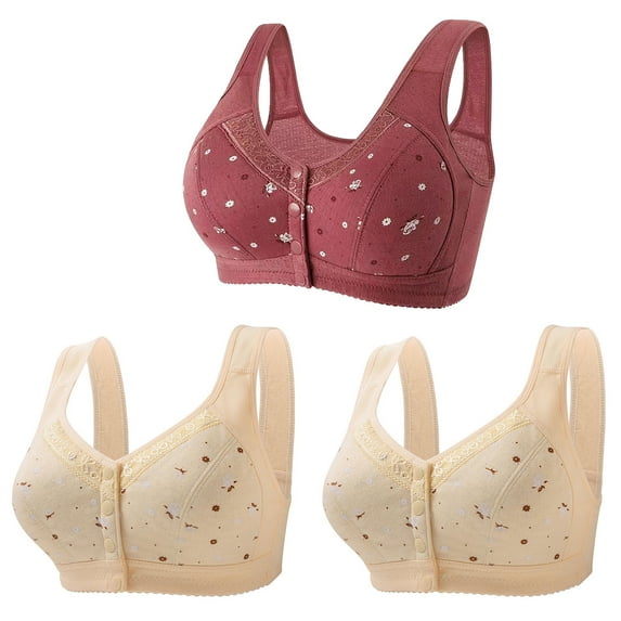 SMihono Stylish 3 Pack Daisy Bras for Older Women,2025 Front Close Button Cotton Bras Breathable Full Support Wide Back No Underwire Bras Wine 8