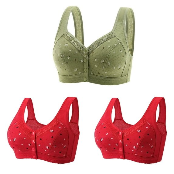 SMihono Savings 3 Pack Daisy Bras for Older Women Comfy No Underwire Front Closure Bras Cotton Wireless Full Support Everyday Push Up Bras Green 16