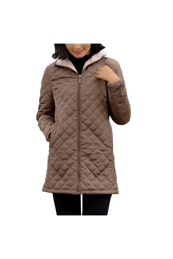 Stylish Athletic Fit Thicken Fleece Cotton Long Sleeve Parkas for Ladies Women's Plus Fleece Cotton Jacket Warm Lamb Fleece Top Coat Sweater Coat Coffee 16