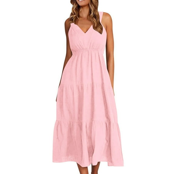 SMihono Savings Cotton Linen Flowy Maxi Dress for Women Summer Loose V Neck Sleeveless Casual A-Line Tiered Swing Vacation Dresses Pink M
