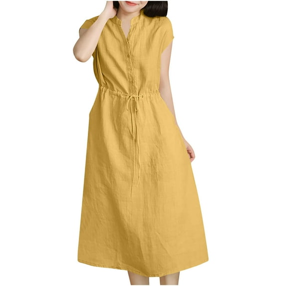 SMihono Stylish Cotton Linen Maxi Dresses for Women 2025 Summer Casual Dress Beach Vacation Short Sleeve Stand Collar V Neck Basic Long Shirt Dress Yellow M