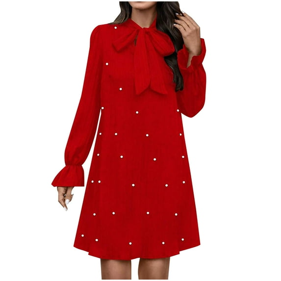 SMihono Stylish Decor Flare Mini Dress Bow Tie Front Dress Women's Plus Size Pearl Beaded Tie Neck Long Sleeve Casual Work Short Dress Red M