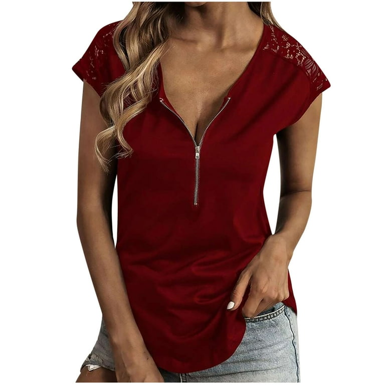 Casual Print Hollowed Out Zipper V Neck T-Shirts(6 Colors) Casual Print Hollowed Out Zipper V Neck T-Shirts(6 Colors)
