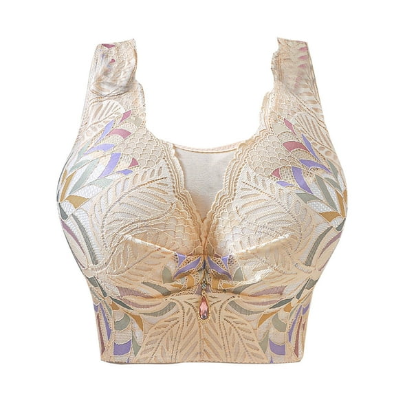 SMihono Stylish Full Coverage Push Up Bras for Women Corset Top Bustier Padded Underwire Bra Hide Fat Front Closure Lace Bralette Khaki 42D