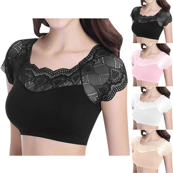 SMihono Trendy Lace Bralette Tank Tops Wireless Bra Lace Crop Top Padded Stretch Spaghetti Thin Strap Yoga Sports Bra for Women Beige Free Size
